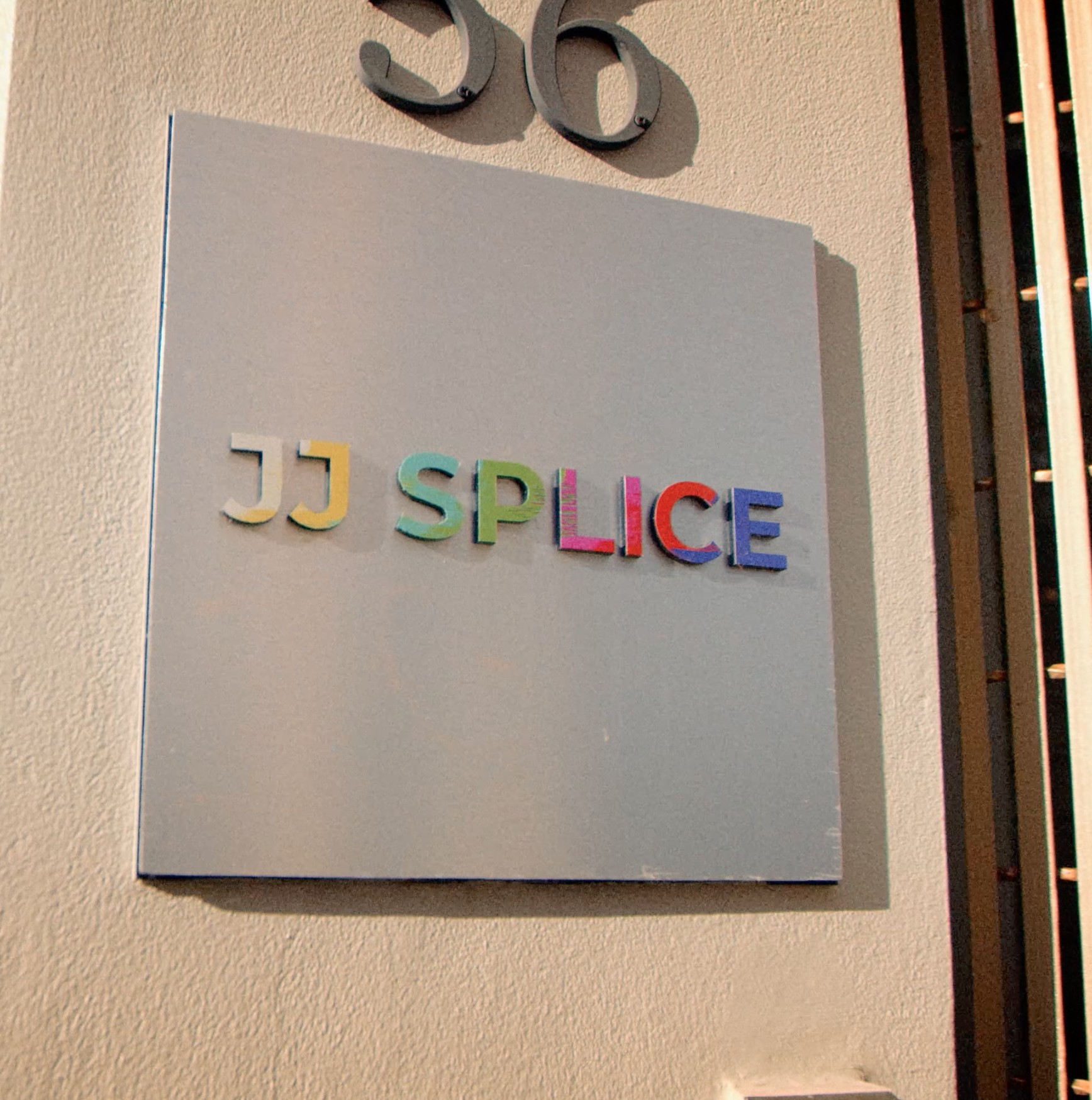 JJ Splice sign at the studio entrance, 56 Buckingham St