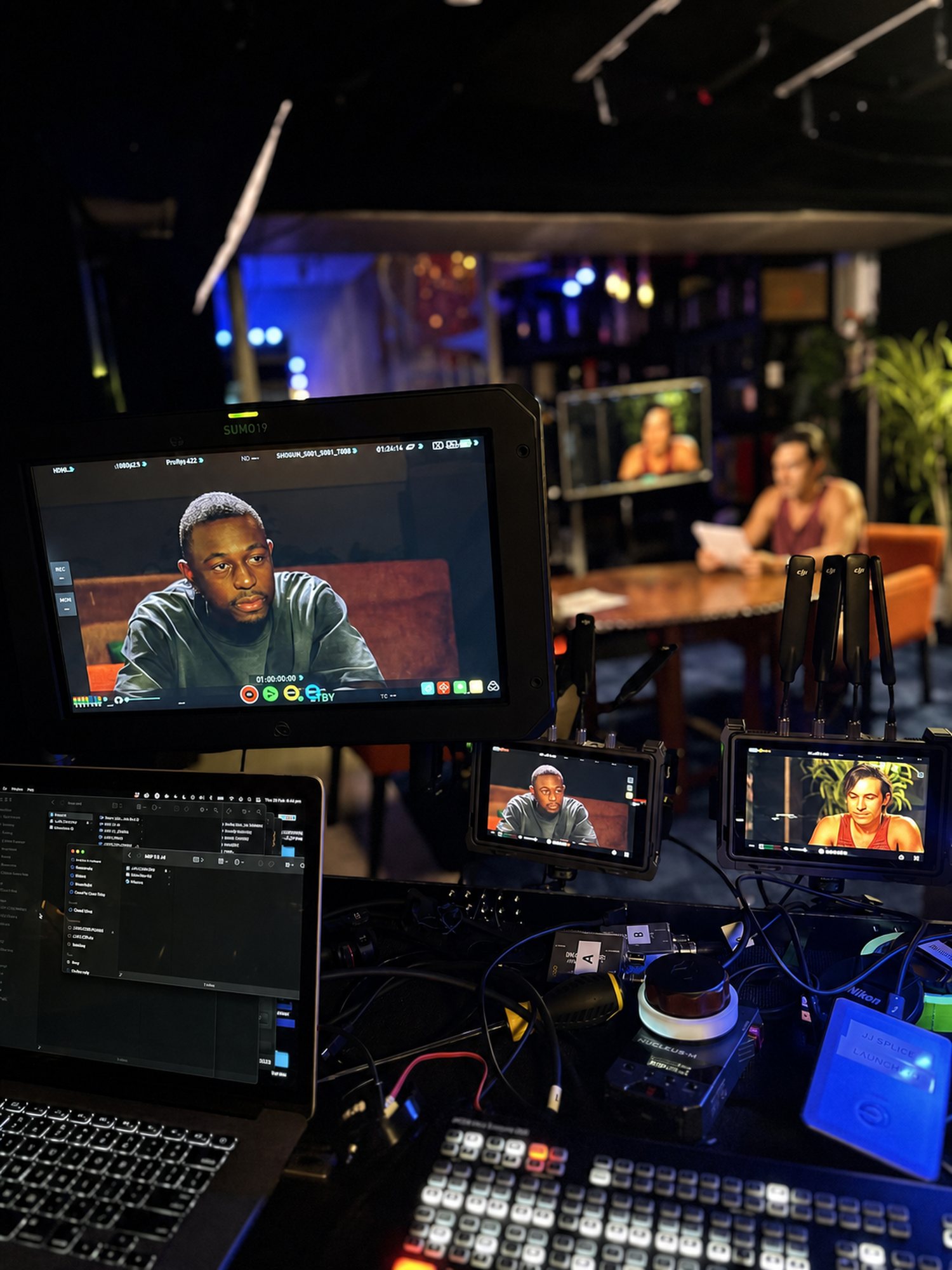 Multicam production desk with two live monitor feeds at JJ Splice