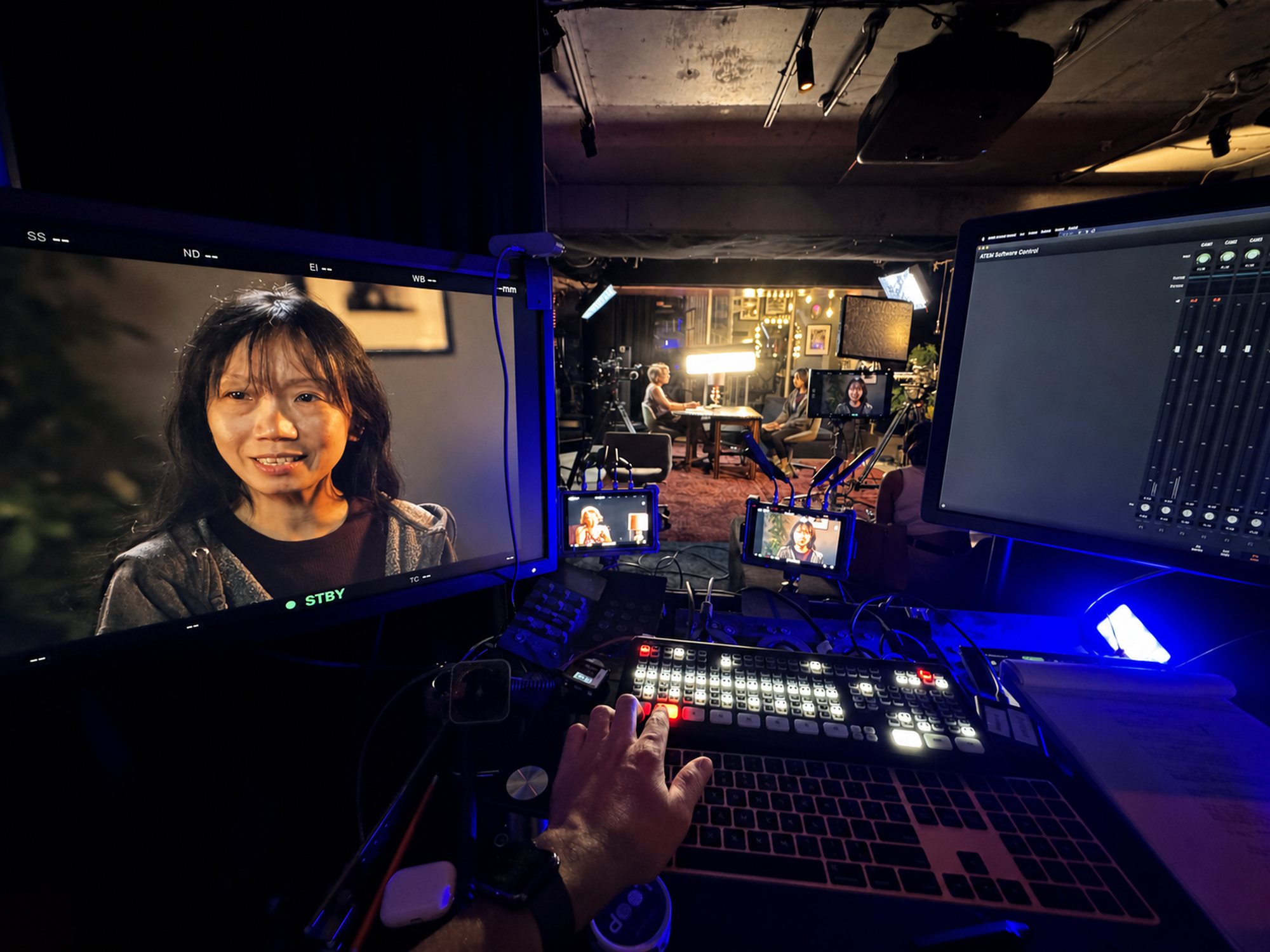Switcher operator running the multi-cam desk at JJ Splice